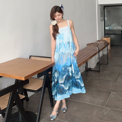 【ワンピース】上品！新中式水墨風 タイダイ柄 Aライン ノースリーブワンピース【SHシリーズ】【JZシリーズ】