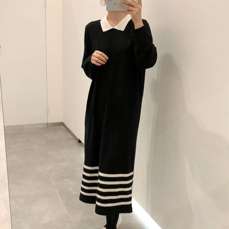 【24AW】【ワンピース】韓国風 しま模様 配色 合わせやすい 着痩せ 長袖ワンピース