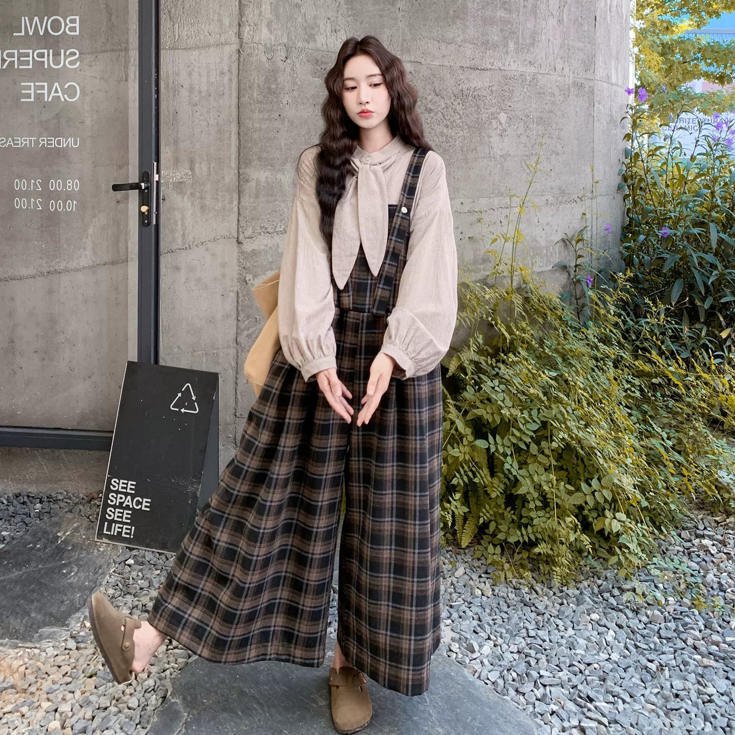 【セットアップ】カジュアル ゆったり 着痩せ チェック ワイド シャツ+サロペットパンツ 2点セット【JZシリーズ】