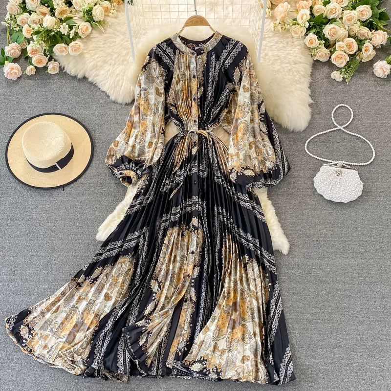 【ワンピース】ラウンドネック サテン プリント プリーツ 長袖 ワンピース 【SHシリーズ】