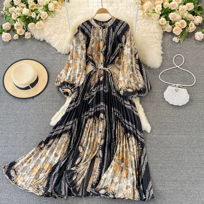 【ワンピース】ラウンドネック サテン プリント プリーツ 長袖 ワンピース 【SHシリーズ】