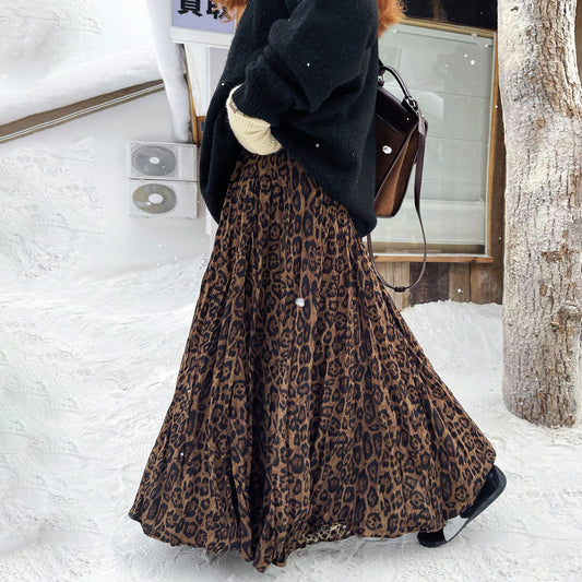 【ボトムス】レオパード柄 ロングスカート 秋冬 ハイウエスト 大きめフレア レトロ感 あったか裏起毛【SHシリーズ】