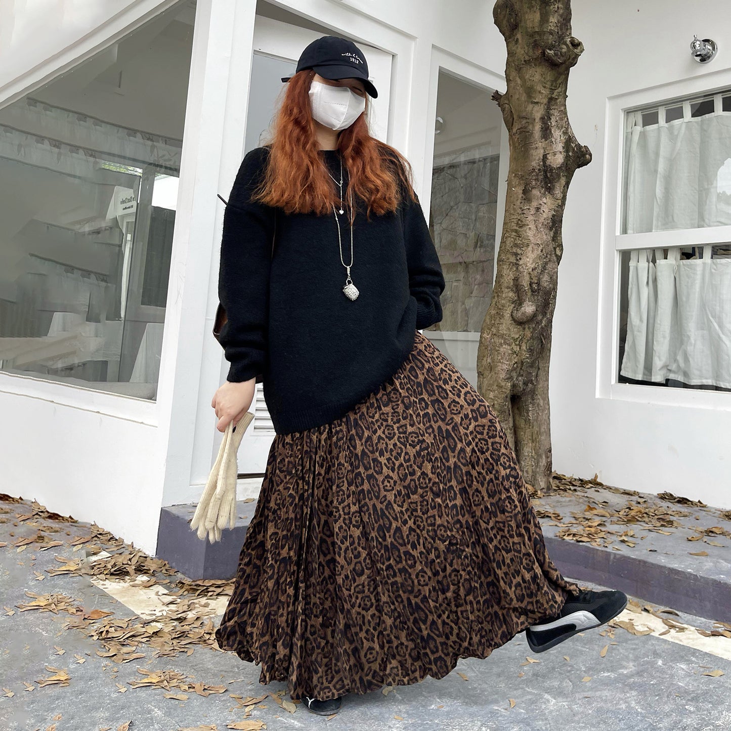 【ボトムス】レオパード柄 ロングスカート 秋冬 ハイウエスト 大きめフレア レトロ感 あったか裏起毛【SHシリーズ】