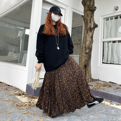 【ボトムス】レオパード柄 ロングスカート 秋冬 ハイウエスト 大きめフレア レトロ感 あったか裏起毛【SHシリーズ】