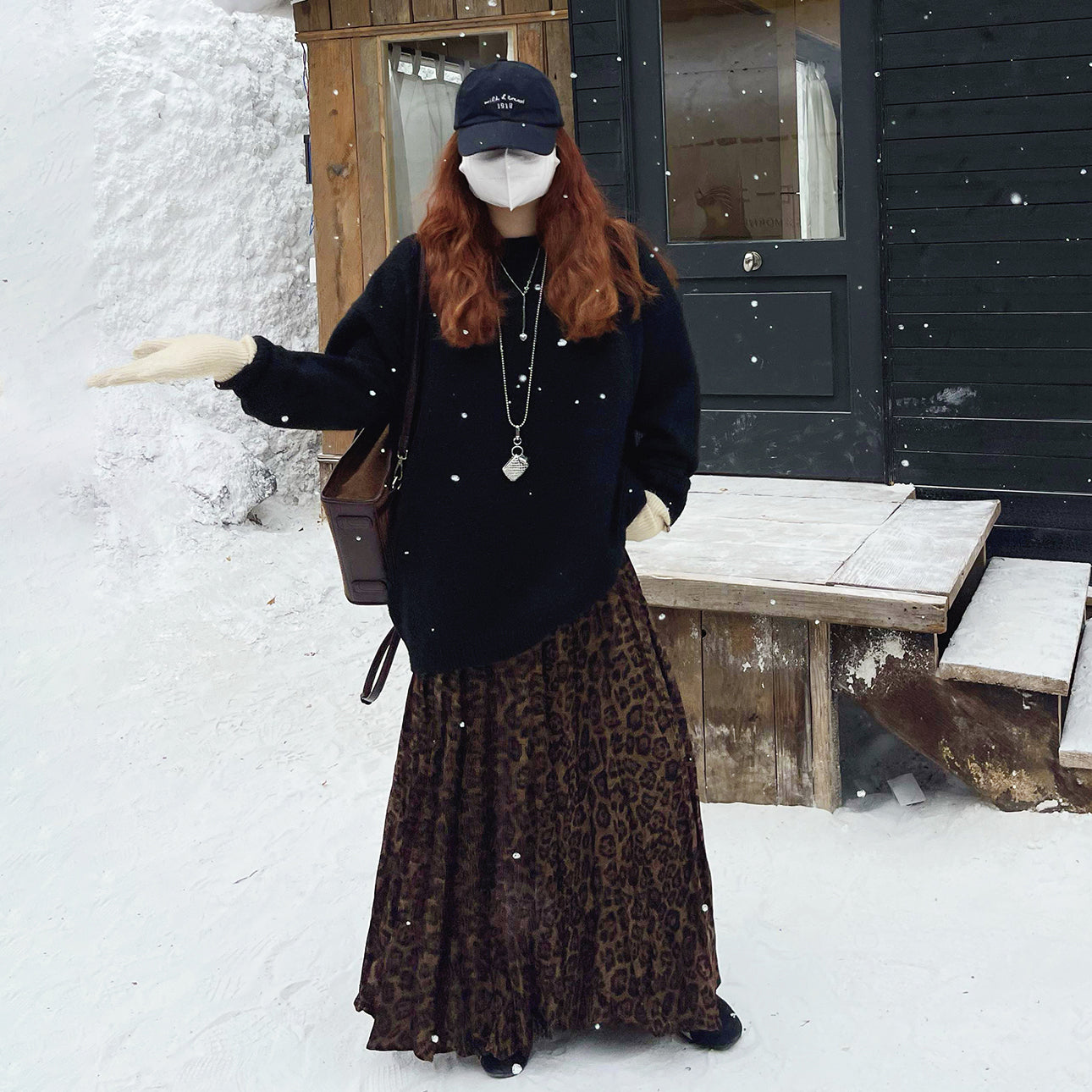 【ボトムス】レオパード柄 ロングスカート 秋冬 ハイウエスト 大きめフレア レトロ感 あったか裏起毛【SHシリーズ】