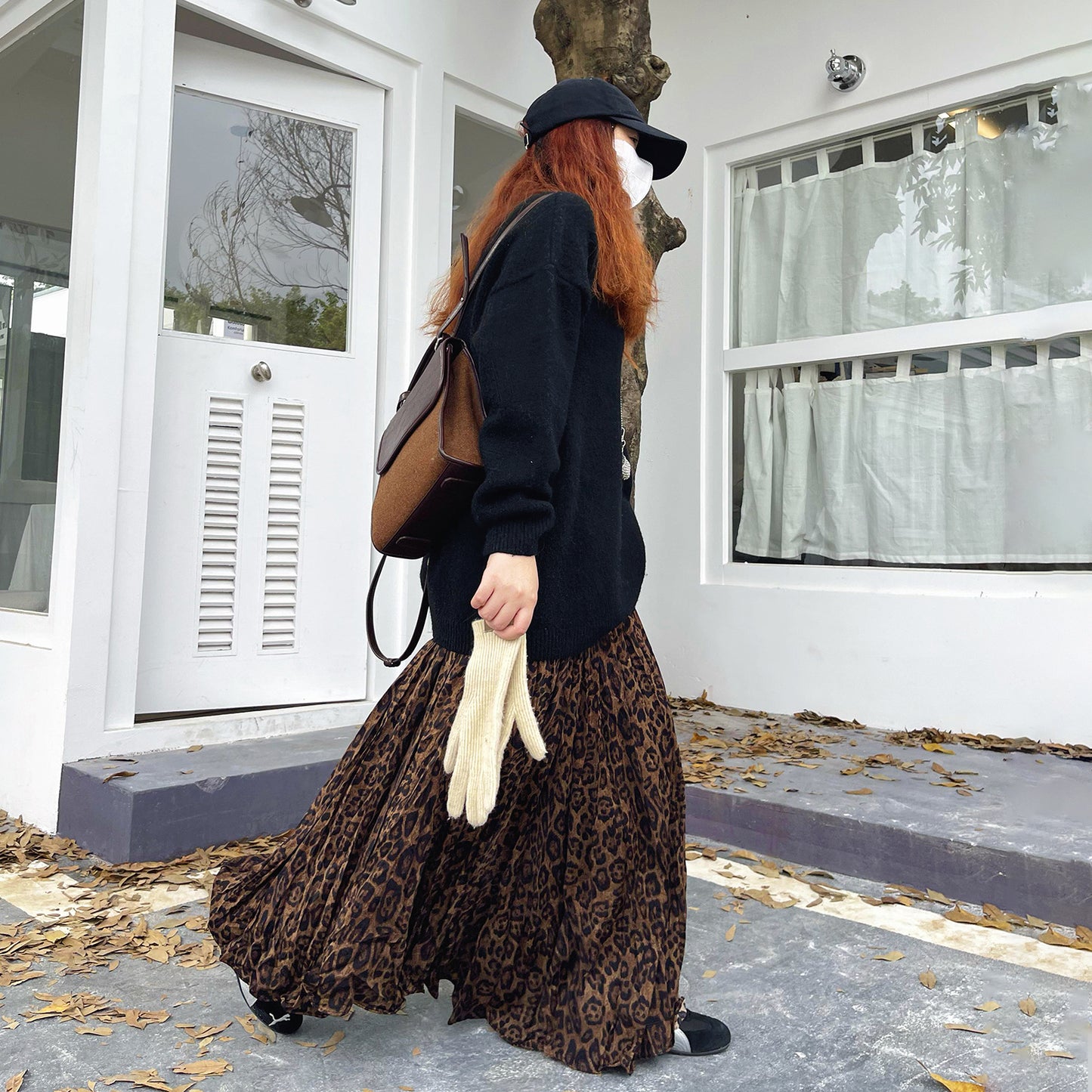 【ボトムス】レオパード柄 ロングスカート 秋冬 ハイウエスト 大きめフレア レトロ感 あったか裏起毛【SHシリーズ】