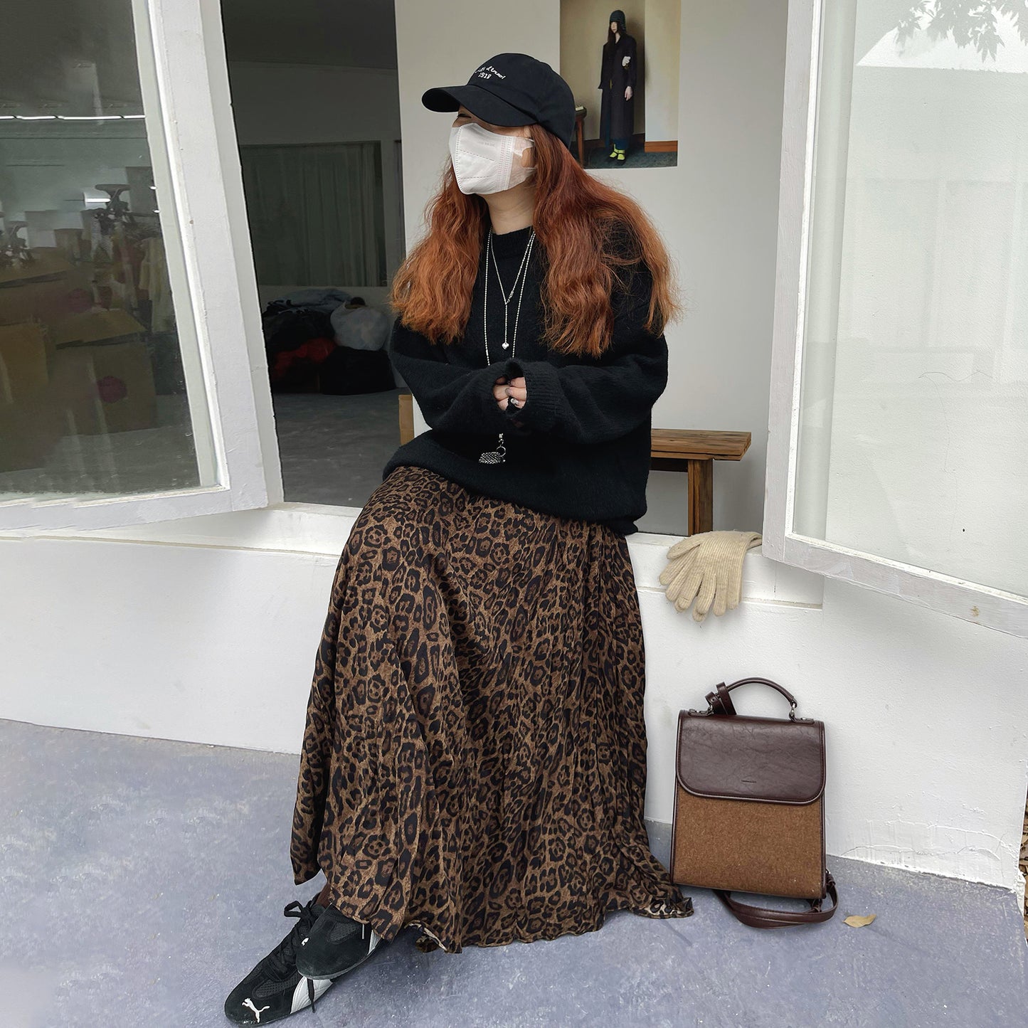 【ボトムス】レオパード柄 ロングスカート 秋冬 ハイウエスト 大きめフレア レトロ感 あったか裏起毛【SHシリーズ】