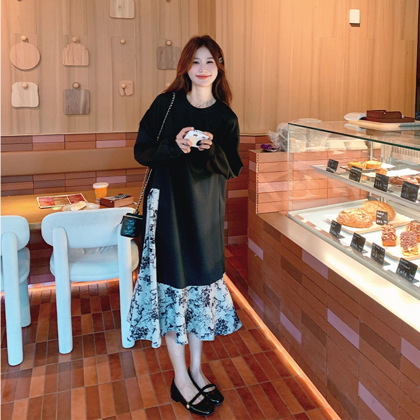 【ワンピース】春 秋 冬 大人フェミニン 墨絵プリント 気質よい 着痩せ 長袖ワンピース【SHシリーズ】