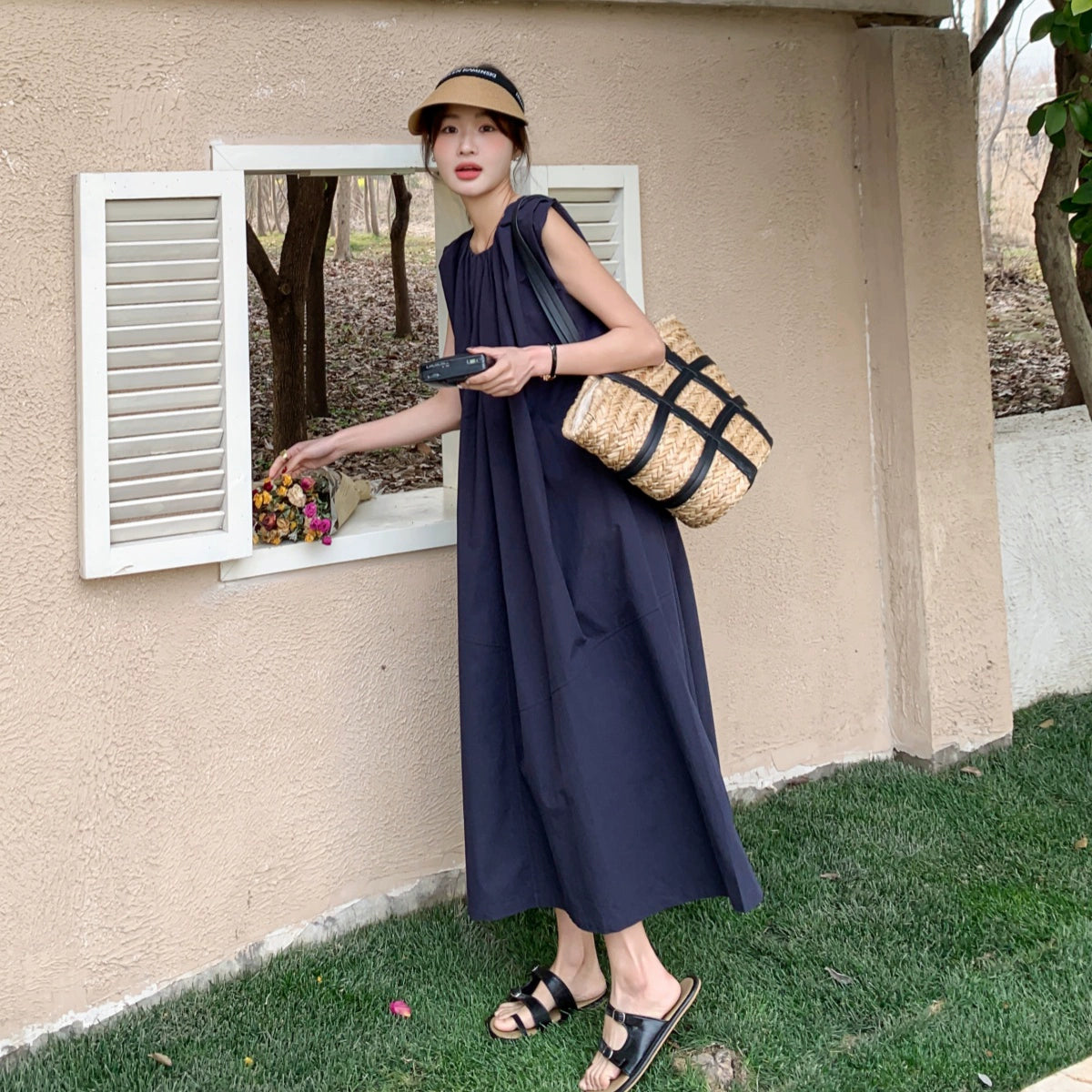 【ワンピース】ネイビーブルー ノースリーブ ワンピース 夏 リラックス系 小規模ブランド おしゃれ ゆったり 万能 ロングドレス【JZシリーズ】