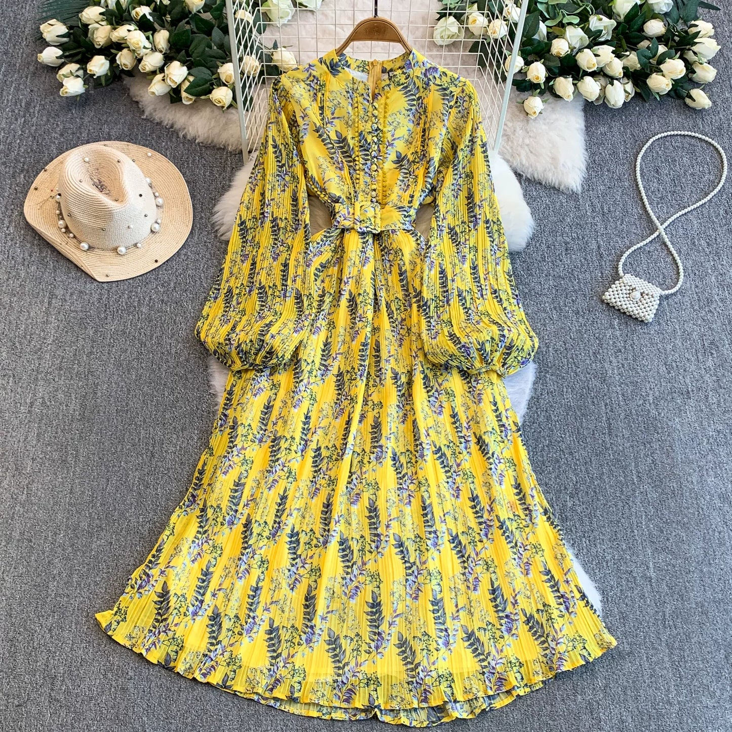 【ワンピース】スタンドカラー リボン付き Aライン プリント プリーツ 長袖 ワンピース 【SHシリーズ】