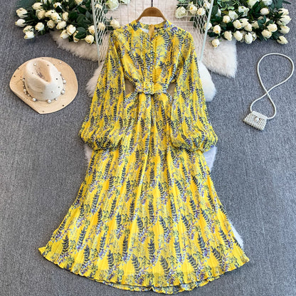 【ワンピース】スタンドカラー リボン付き Aライン プリント プリーツ 長袖 ワンピース 【SHシリーズ】