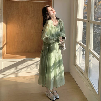 【ワンピース】グリーン フレンチ風ロマンティックワンピース新作 長袖 絶美ロングドレス【JZシリーズ】