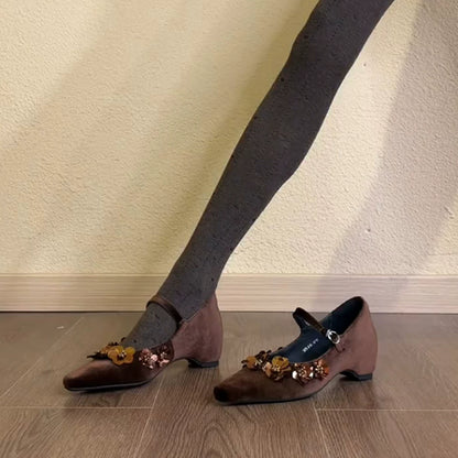 【シューズ】スパンコール フラワー ストラップ メリージェン シューズ パンプス【JZシリーズ】