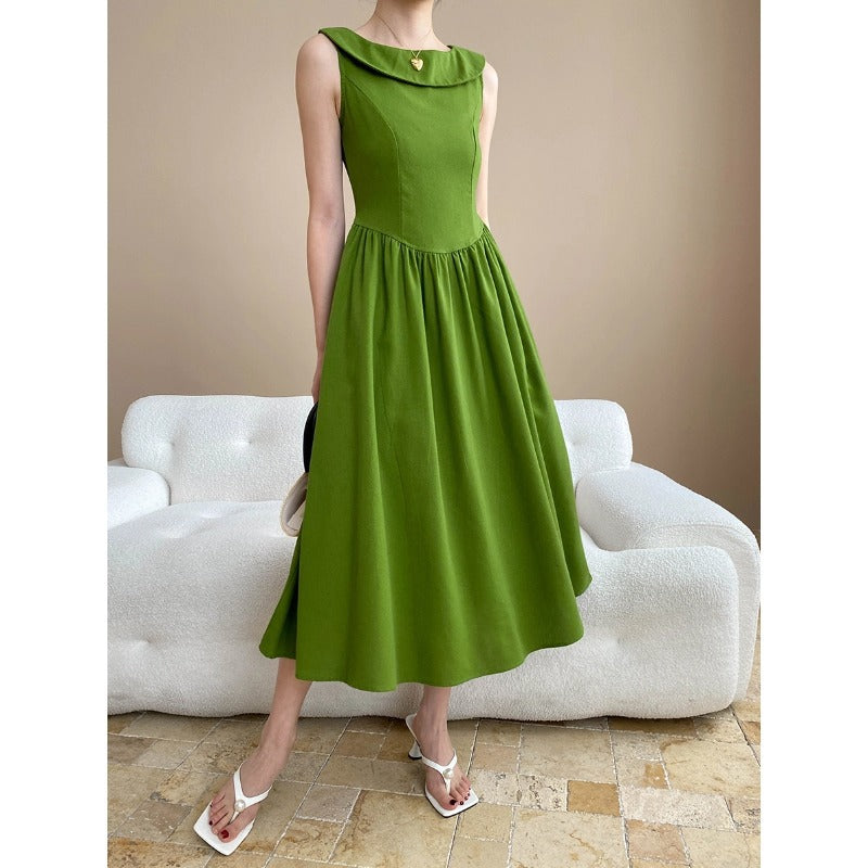 【ワンピース】夏 マンボ デザイン感 フレンチ フリル襟 ウエストマーク ノースリーブ ワンピース 【SNシリーズ】