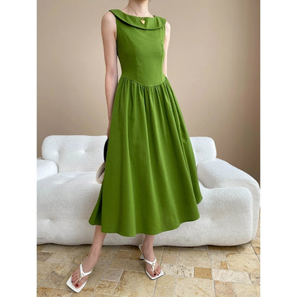 【ワンピース】夏 マンボ デザイン感 フレンチ フリル襟 ウエストマーク ノースリーブ ワンピース 【SNシリーズ】