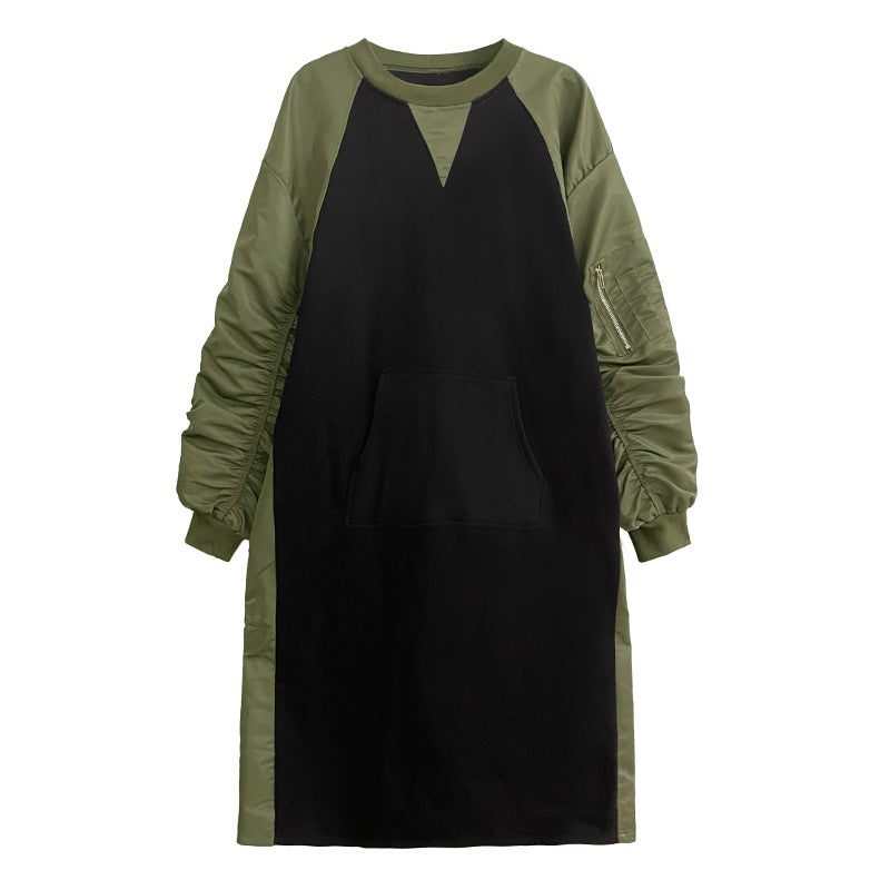 【ワンピース】春 秋 冬 クルーネック プリーツ配色切替 長袖 ワンピース 【AHシリーズ】