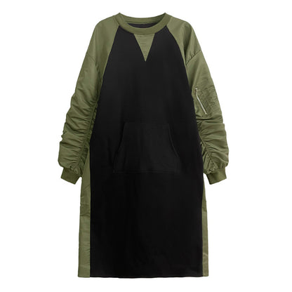 【ワンピース】春 秋 冬 クルーネック プリーツ配色切替 長袖 ワンピース 【AHシリーズ】