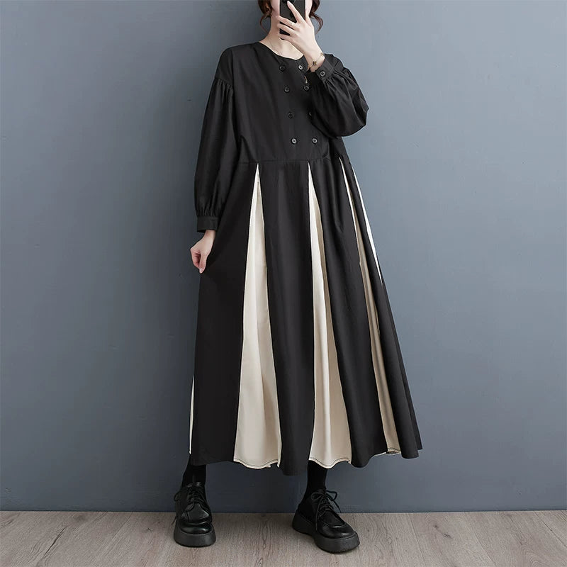 期間限定⭐️60%OFF【ワンピース】春秋新作 韓国風 ボリューム袖 モノトーン切り替え ダブルボタン 長袖ワンピース きれいめカジュアル【AHシリーズ】