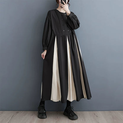 期間限定⭐️60%OFF【ワンピース】春秋新作 韓国風 ボリューム袖 モノトーン切り替え ダブルボタン 長袖ワンピース きれいめカジュアル【AHシリーズ】