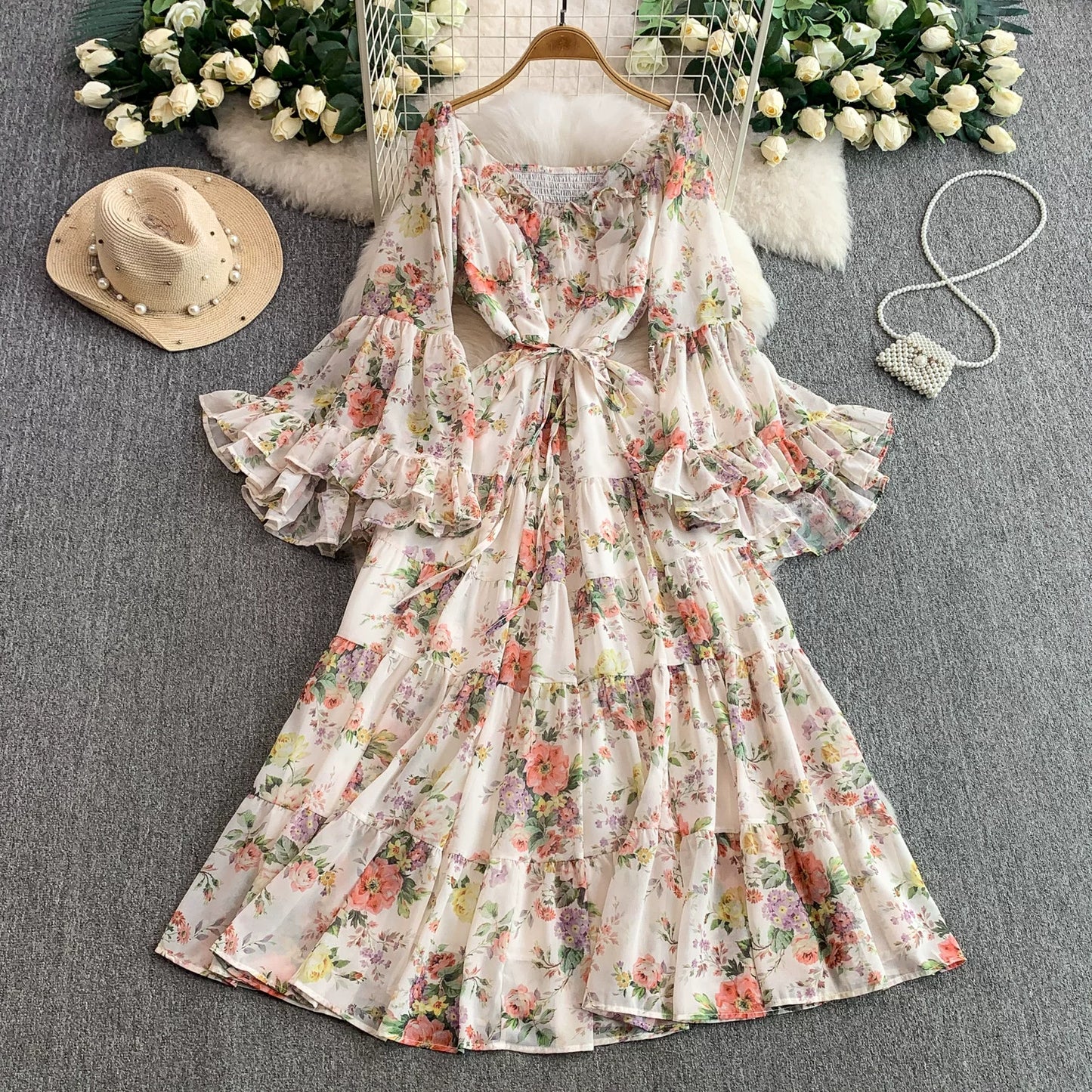 【ワンピース】褒められ確定！フレンチ小衆 長袖 プリントロングワンピース｜シフォン＆ベルスリーブ【SHシリーズ】