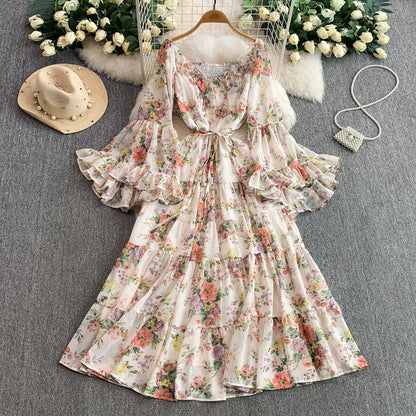 【ワンピース】褒められ確定！フレンチ小衆 長袖 プリントロングワンピース｜シフォン＆ベルスリーブ【SHシリーズ】