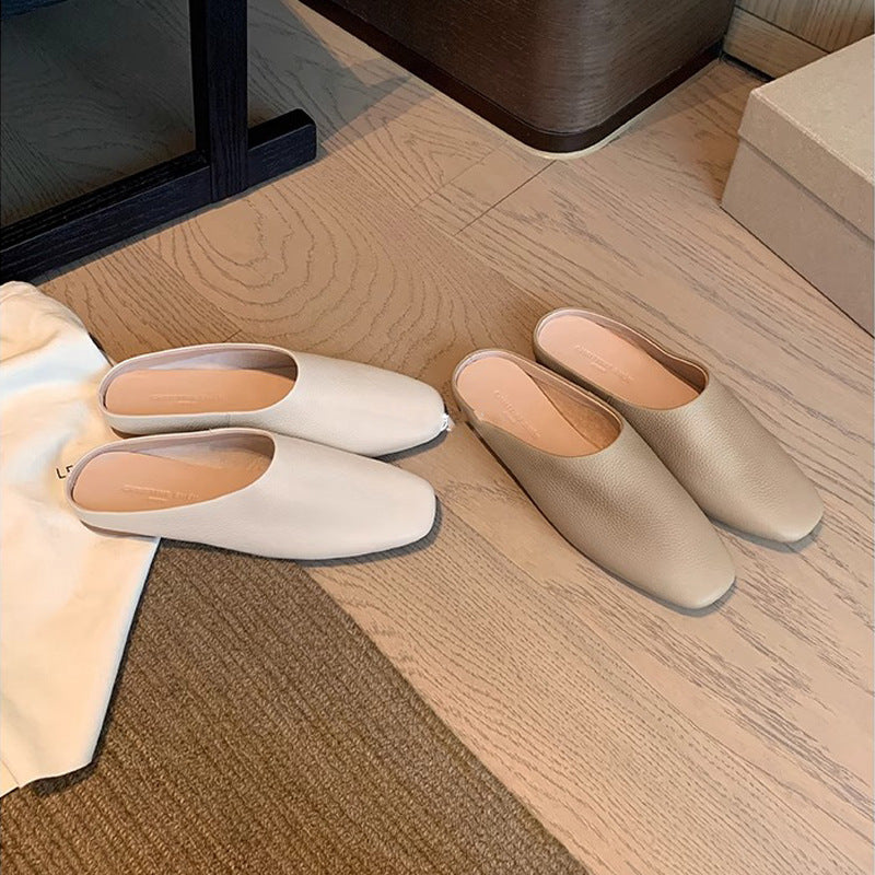 【シューズ】高級感あふれるスクエアトゥミュール｜上品♡フラットローヒールサンダル