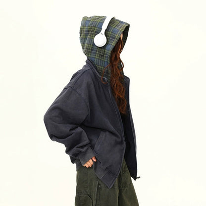 【アウター】ヴィンテージデザインチェック柄フーディ レディース ショートスウェットジャケット【FCシリーズ】