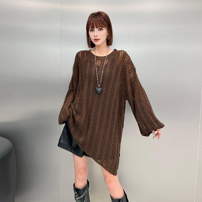 【トップス】リラックス透かし編みロングニット レディース ゆったり クルーネック 秋コーデ【AHシリーズ】
