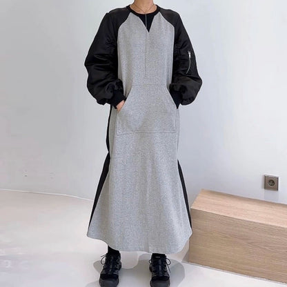 【24AW】【ワンピース】chic レトロ 配色 切り替えしシャーリング 長袖ワンピース