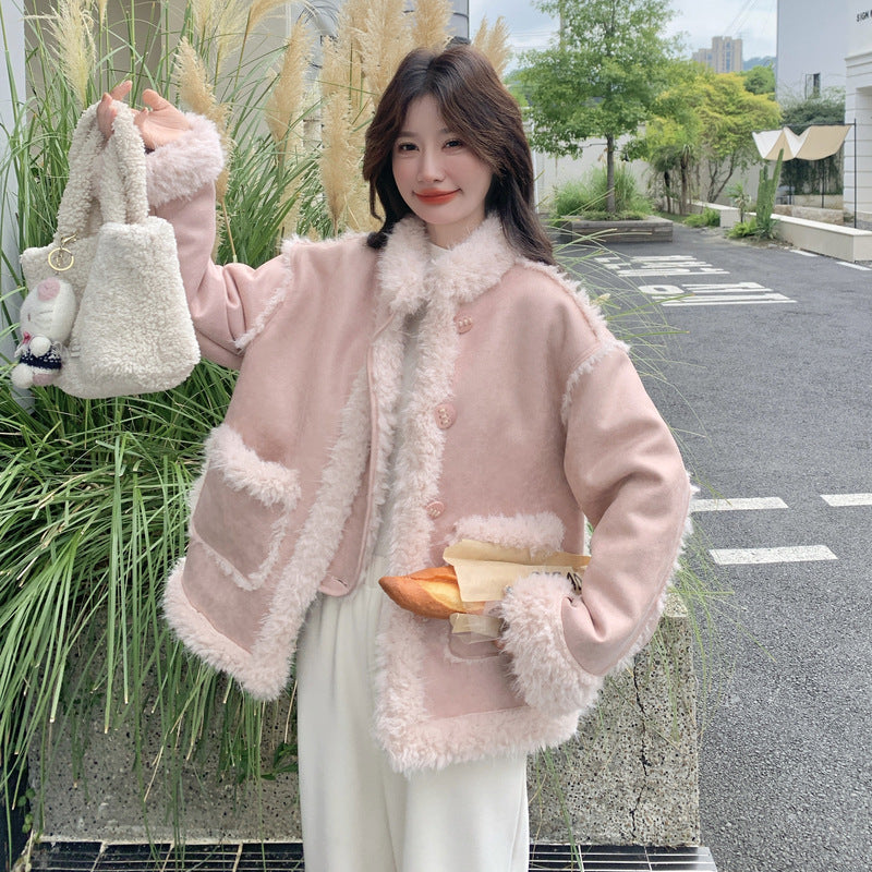 【アウター】甘め フェイクムートン厚手保温アウター 2025冬 若見え 防風 ハイネック ボアトップス レディース【JZシリーズ】