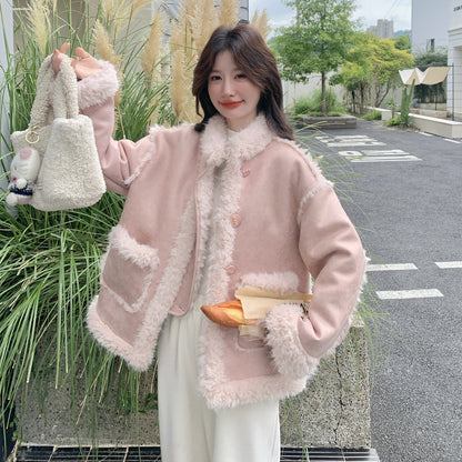 【アウター】甘め フェイクムートン厚手保温アウター 2025冬 若見え 防風 ハイネック ボアトップス レディース【JZシリーズ】
