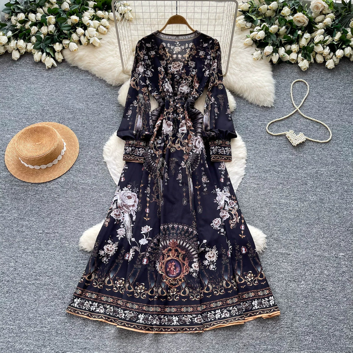 【ワンピース】クラシカル花柄ロングワンピース レディース 秋新作 Vネック 長袖 ウエストマーク フレンチ風【SHシリーズ】