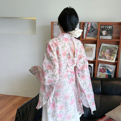 【アウター】UVカット フラワーシャツアウター 春夏 韓国風 ゆったり バックスリットデザイン【SHシリーズ】