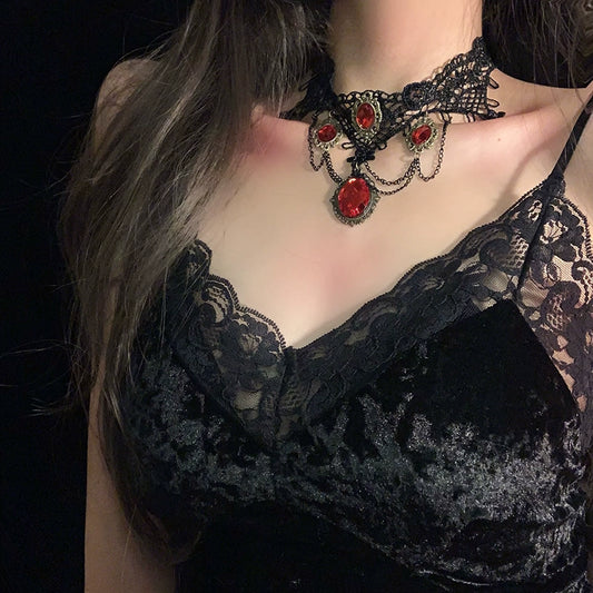 【ハロウィン】ゴシック風 レースチョーカー ダークレッド宝石 フリンジネックレス アクセサリー