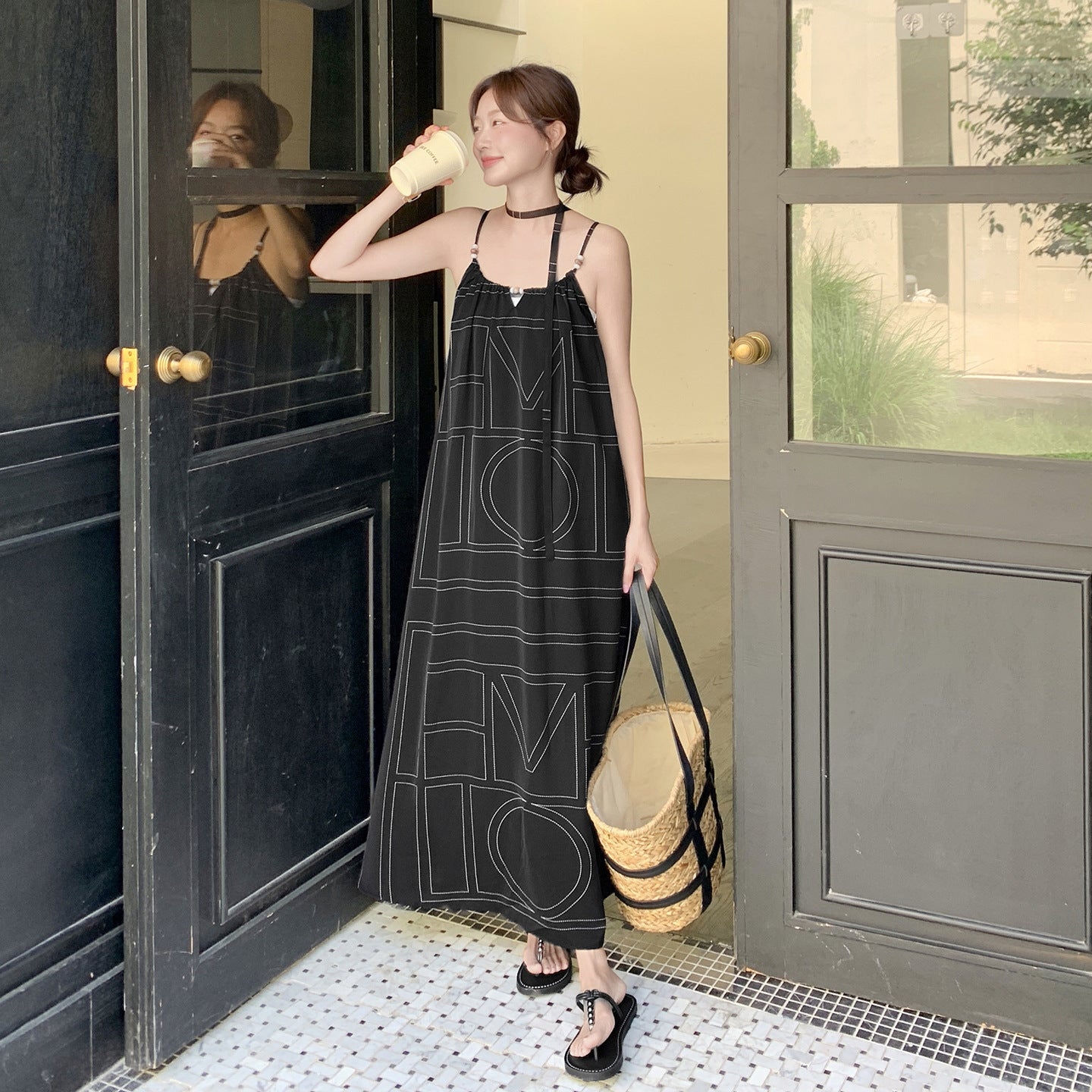 【ワンピース】バカンス配色ジオメトリックプリント リラックス感細見え ノースリーブキャミワンピース【SHシリーズ】