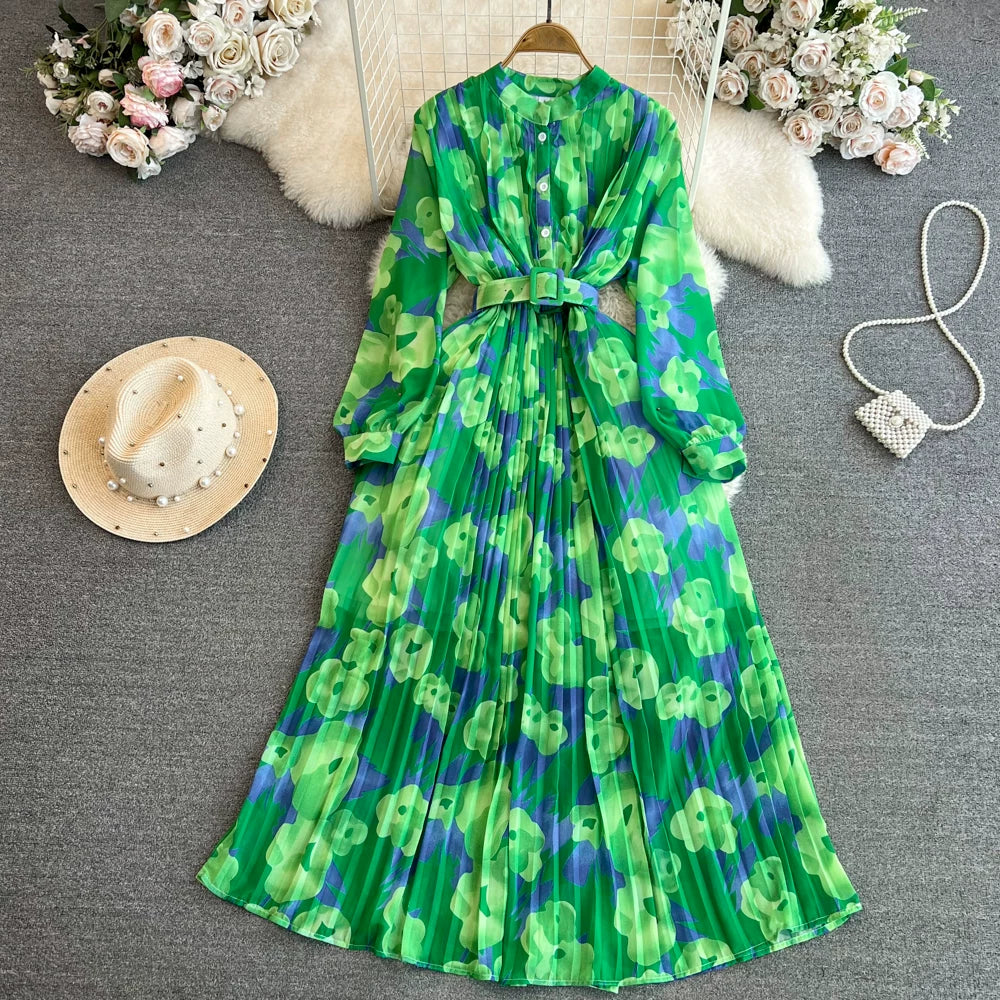 期間限定⭐60%OFF【ワンピース】美人見え確定✨ クラシック 花柄 プリーツ 長袖ワンピース｜高見え立襟＆ウエストマークで細見え【SHシリーズ】