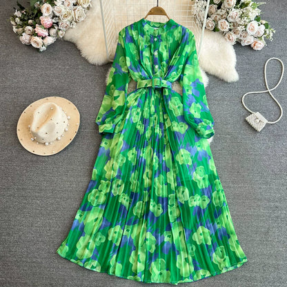 期間限定⭐60%OFF【ワンピース】美人見え確定✨ クラシック 花柄 プリーツ 長袖ワンピース｜高見え立襟＆ウエストマークで細見え【SHシリーズ】
