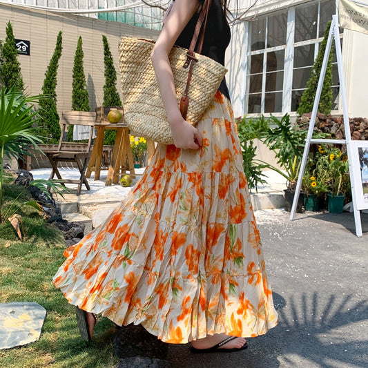 【ボトムス】フレンチ風 夏 薄手 ハイウエスト シェイプアップ 花柄 プリーツスカート【SHシリーズ】