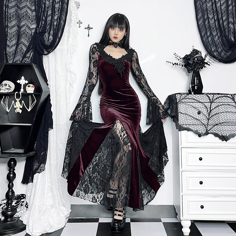 【ハロウィン】 2色展開 ダークレース 暗黒系 レース 透け感 細見せマーメイド ワンピース セクシー ロングスリーブ ドレス