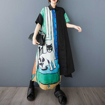 60%OFF⭐️期間限定【ワンピース】🐱猫柄 夏新作 韓国風 ゆったり 大きいサイズ プリント 切替 カジュアル シンプル 可愛い 半袖 ワンピース【SHシリーズ】