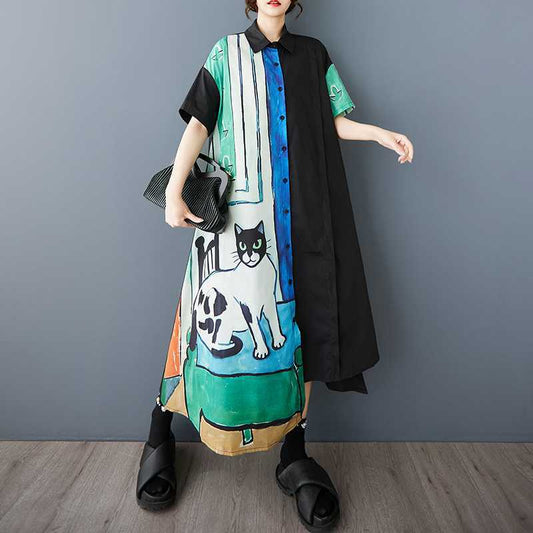 60%OFF⭐️期間限定【ワンピース】🐱猫柄 夏新作 韓国風 ゆったり 大きいサイズ プリント 切替 カジュアル シンプル 可愛い 半袖 ワンピース【SHシリーズ】
