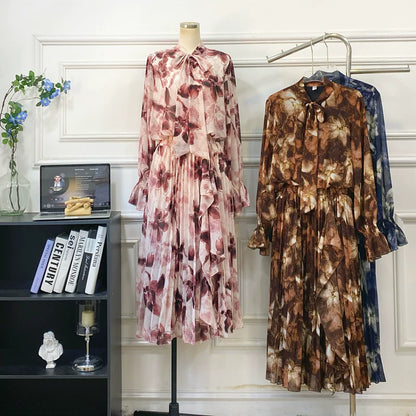 期間限定⭐️60%OFF【ワンピース】リボン付き シフォン ハイウエスト 小花柄 長袖 ワンピース 【SHシリーズ】