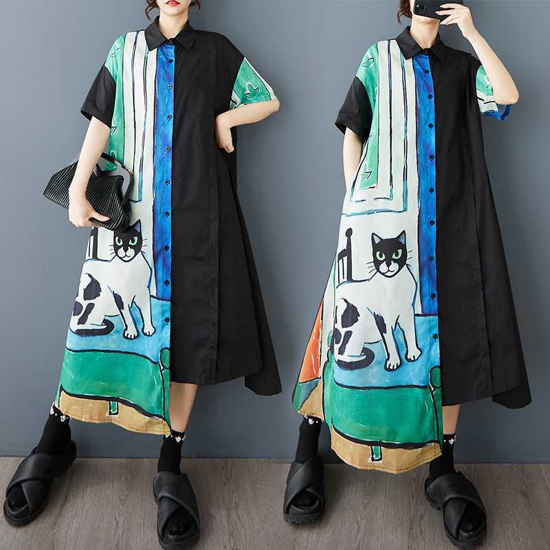 60%OFF⭐️期間限定【ワンピース】🐱猫柄 夏新作 韓国風 ゆったり 大きいサイズ プリント 切替 カジュアル シンプル 可愛い 半袖 ワンピース【SHシリーズ】