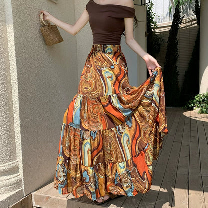 【ボトムス】リゾート花柄シフォンスカート レディース 夏 ティアードロングスカート ハイウエスト ふんわり揺れる フェミニン【SHシリーズ】