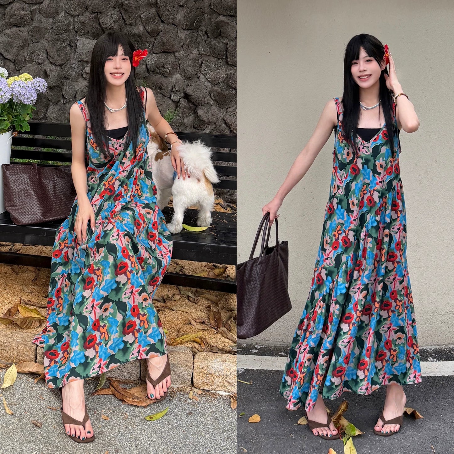 【ワンピース】レトロ キャミワンピース レディース 夏 ゆったり ノースリーブ フレアロング丈 体型カバー リネン風 人気 アートコーデ【SHシリーズ】
