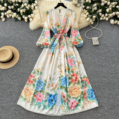 5柄展開🎨【ワンピース】レースフリル花柄ワンピース レディース 春新作 Vネック ボタン付き フィットシルエット フレンチ風【SHシリーズ】