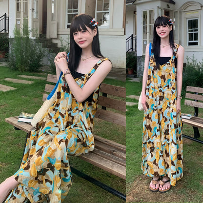 黃藍漸變印花吊帶連身褲｜V領寬鬆闊腿褲｜夏季藝術感休閒連體褲【SH系列】