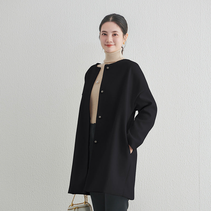 【アウター】春 秋 冬 ラウンドネック ボタン留め メルトン コート