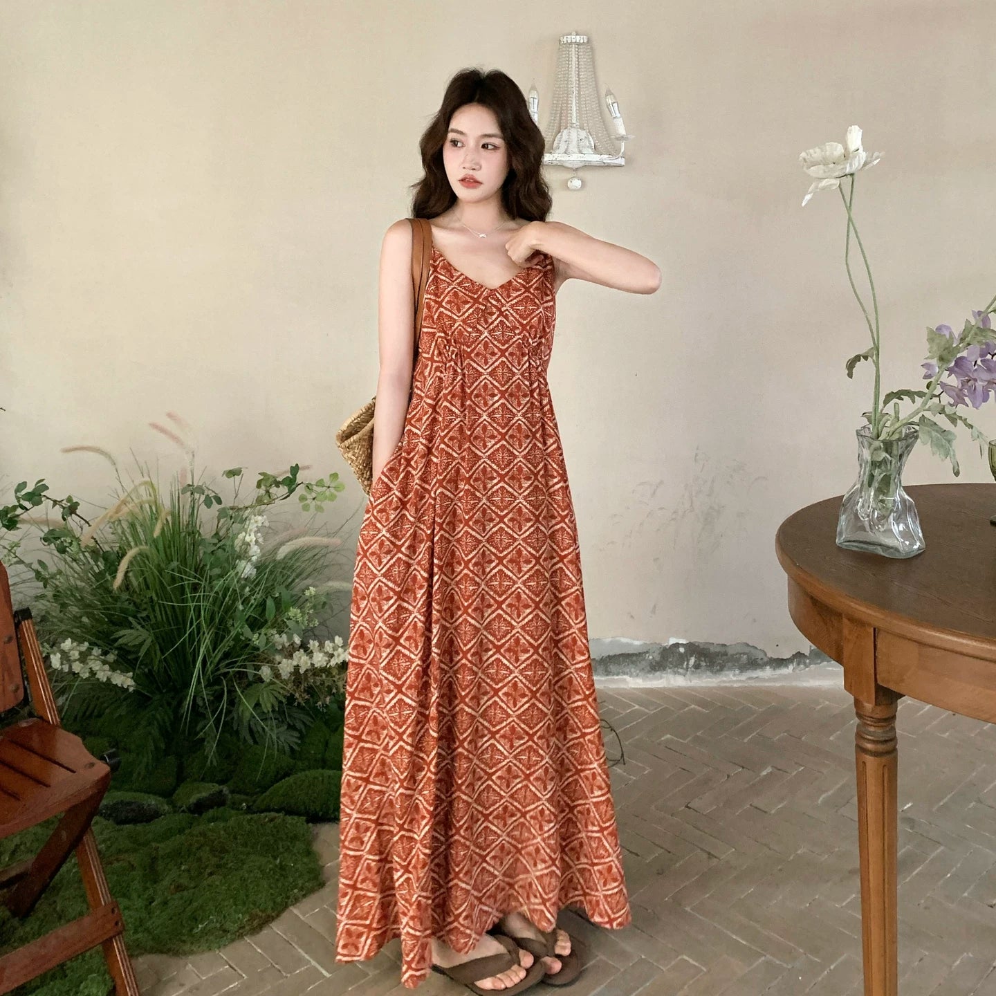 【ワンピース】夏新作 レッド 幾何柄 キャミワンピース ボヘミアン風 海辺 旅行 リゾート 着痩せ リラックス ロング丈【SHシリーズ】