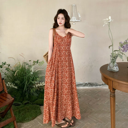【ワンピース】夏新作 レッド 幾何柄 キャミワンピース ボヘミアン風 海辺 旅行 リゾート 着痩せ リラックス ロング丈【SHシリーズ】